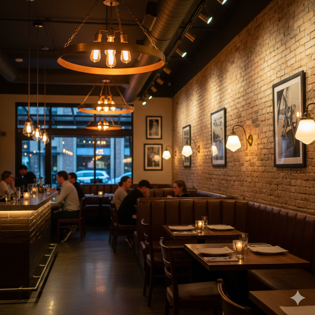 "Restaurant lighting with warm hanging lamps and cozy dining ambiance."