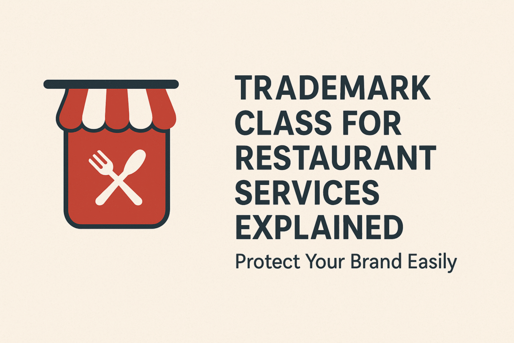 Illustration of a restaurant trademark concept with fork and spoon icon and text 'Trademark Class for Restaurant Services Explained - Protect Your Brand Easily'