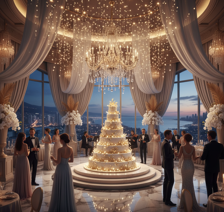 A luxurious birthday celebration in a ballroom with a giant lit cake, elegant guests, and a sparkling ceiling, overlooking a city at dusk.