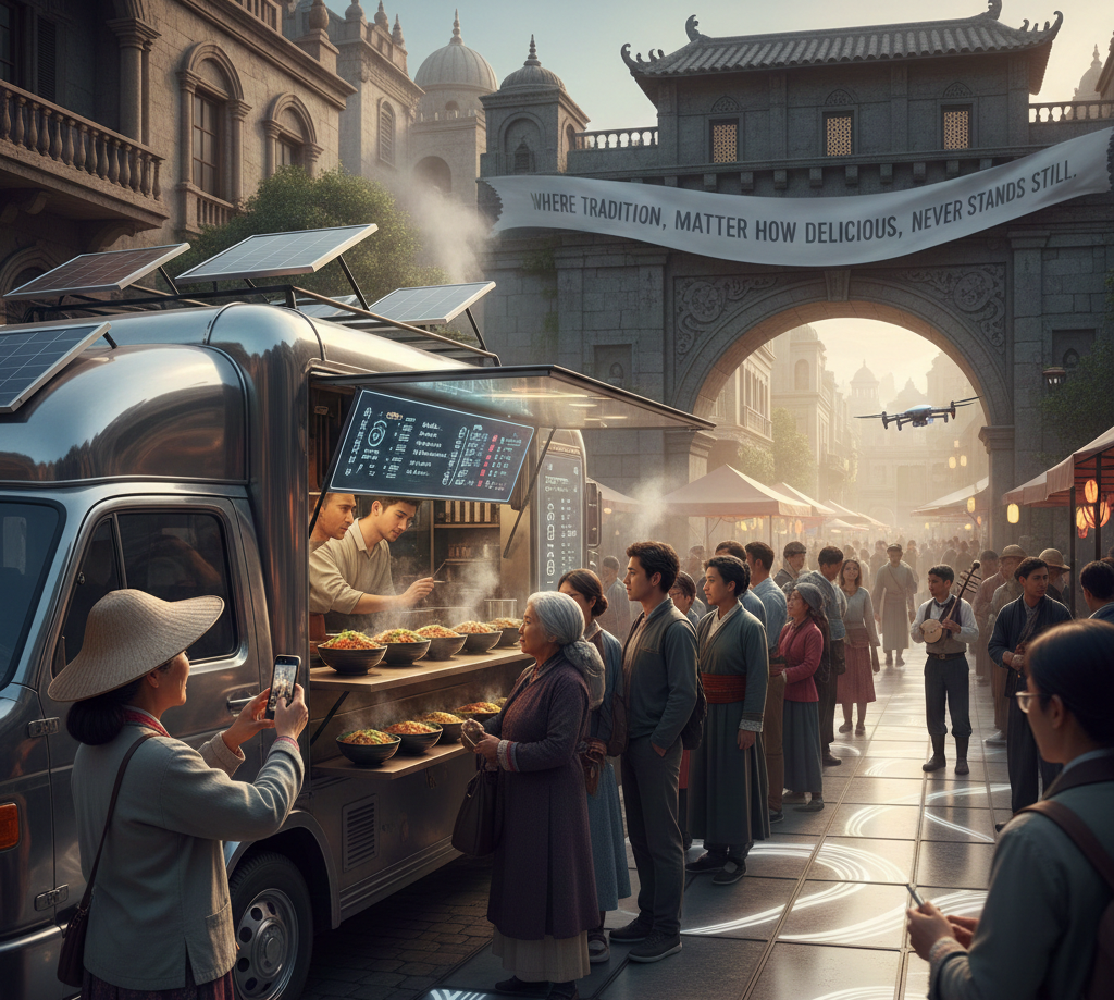 Solar food truck, ancient arch, crowd, banner: Tradition never stands still.