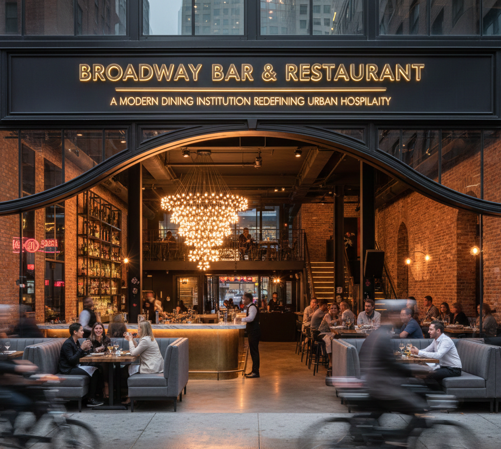 Stylish, busy restaurant entrance with neon sign: "Broadway Bar & Restaurant