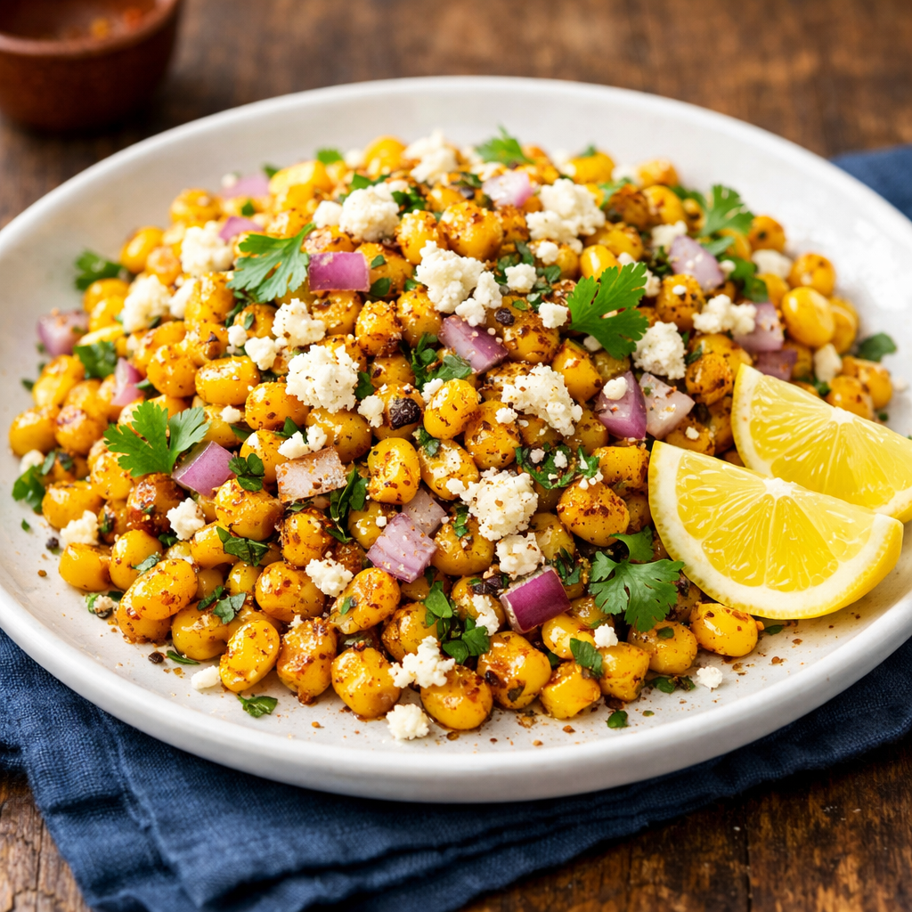 Indian roasted corn chaat with paneer, onions, coriander, and lemon served on a white plate on a rustic wooden table