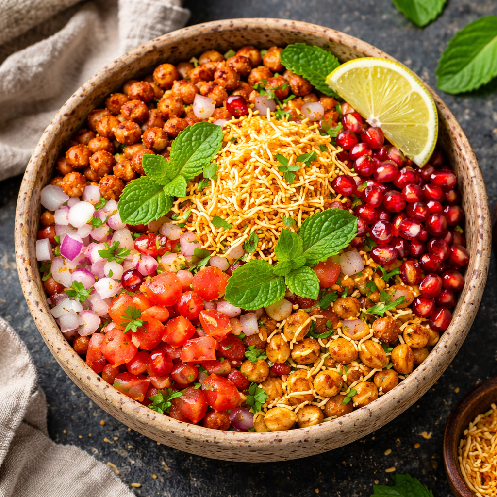 Colorful Indian chaat bowl with roasted peanuts, pomegranate seeds, sev, tomatoes, onions, and fresh mint leaves