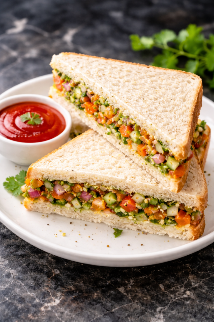 Fresh vegetable sandwich made with white bread and chopped vegetables served with tomato ketchup on white plate