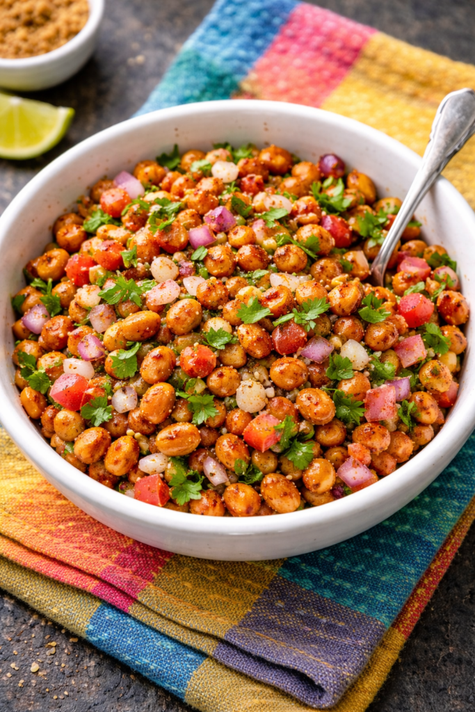 Traditional Indian peanut chaat with roasted peanuts, chopped onions, tomatoes, green chilies, and coriander served in white bowl with spoon top view