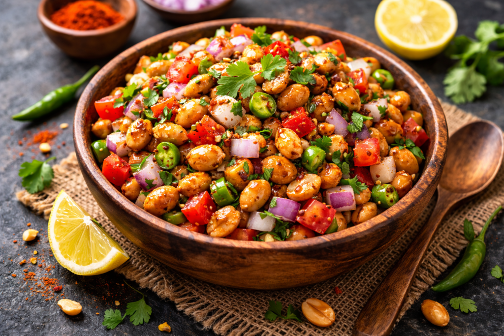Indian peanut chaat with roasted peanuts, onions, tomatoes, green chilies, and coriander served in rustic wooden bowl close up view