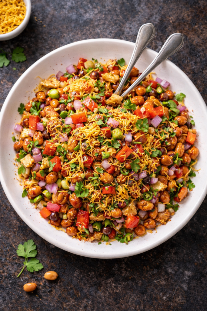 Spicy Indian street style chaat topped with sev, onions, tomatoes, and coriander served on white plate with two spoons top view