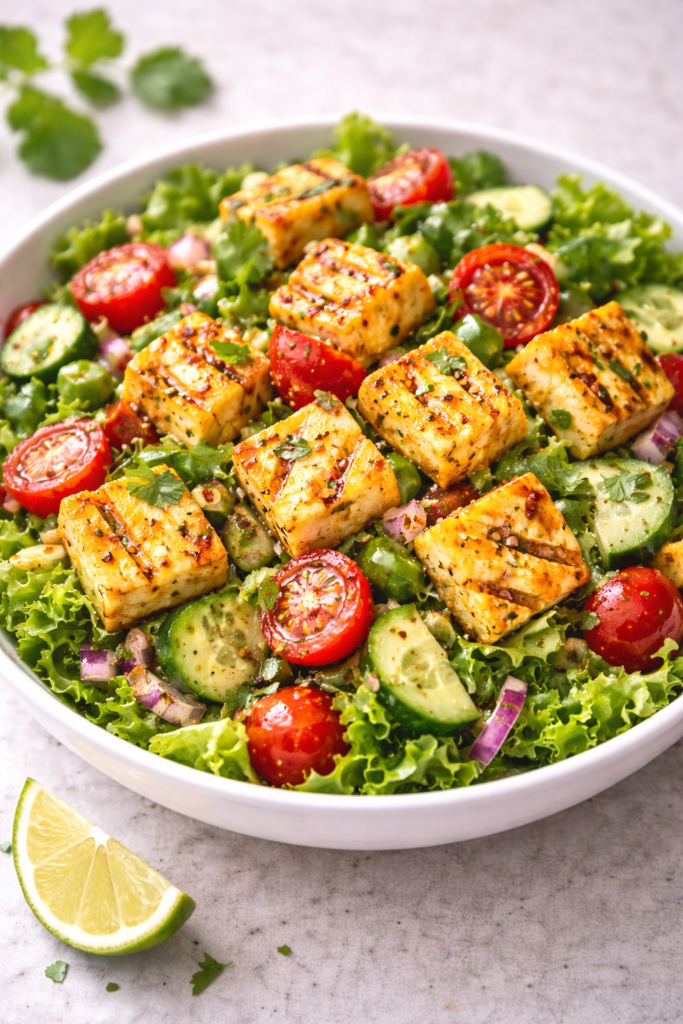 Healthy grilled paneer salad with lettuce, cucumber, cherry tomatoes, and herbs served in white bowl close up view