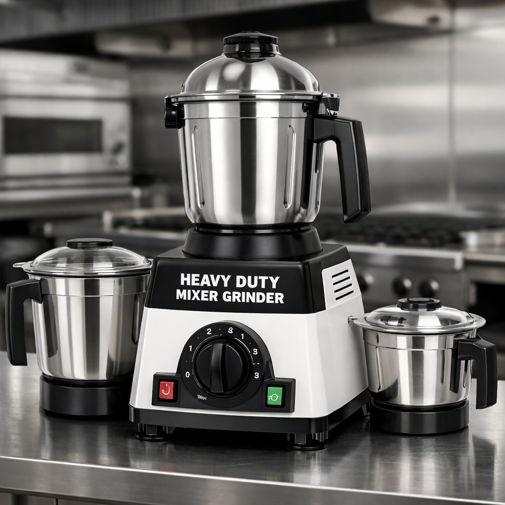 Heavy duty mixer grinder with stainless steel jars and powerful motor base on kitchen counter.